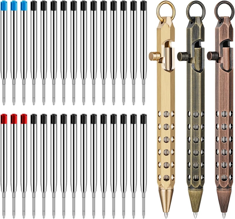 Origin-Joy 3 Pack Bolt Action Pen Set, Six Edge Solid Brass EDC Pocket Tactical Pen With 30 Ballpoint Refills (Natural Brass & Retro Black & Red Bronze) - Image 1